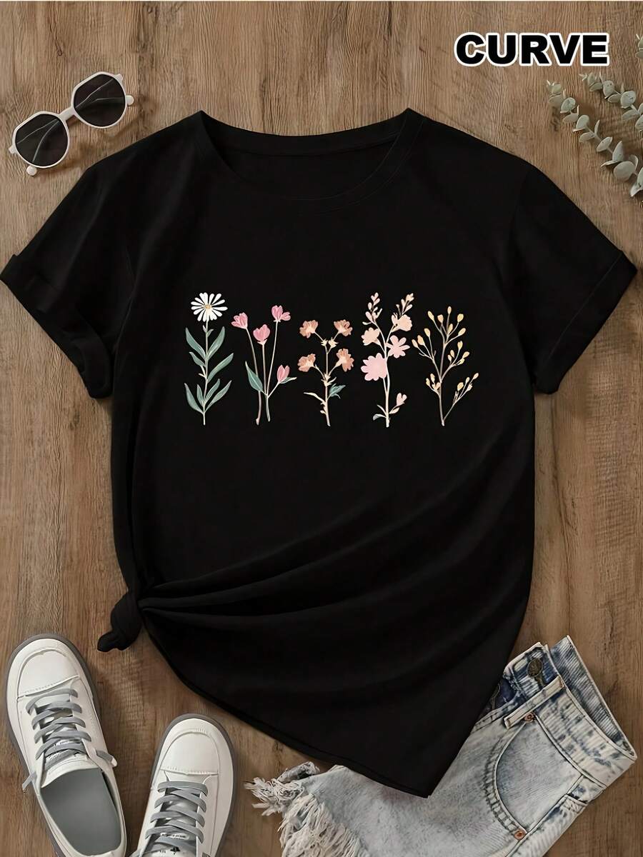 Camisetas con Estampados Florales, Camiseta de Manga Corta para Mujer en Tallas Grandes, Corte Holgado, Tela Suave, Estilo Sencillo, Perfecta para Uso Diario, 100% Algodón - Negro - Ver 1