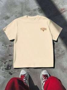 1 Texas Longhorn Graphic Print T-Shirt, Casual, Double Print, 100% Cotton, Festival Wear - Urban Vintage Style, Unisex, Loose Fit, Short Sleeve, Crew Neck, Blouses For Women. Blouses.Casual Blouses For Ladies. - 杏色 - 查看 2