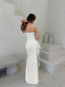 Vestido de dama de honor de boda de verano, vestido largo blanco con pliegues, abertura alta, volantes y tiras para fiesta, sin mangas y sin tirantes, sexy - Blanco - Ver 2