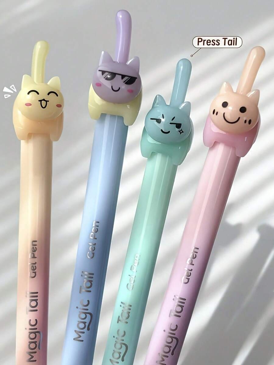 4pcs Cute Wiggly Kitty Tail Click Gel Pen, 0.5mm Needle Point Black Ink Pen, Quick Dry Smooth Writing, Retractable Press Design, Freely DIY The Kitten Suitable For Long Time Writing, Calligraphy And Homework - Gel Pen - View 1