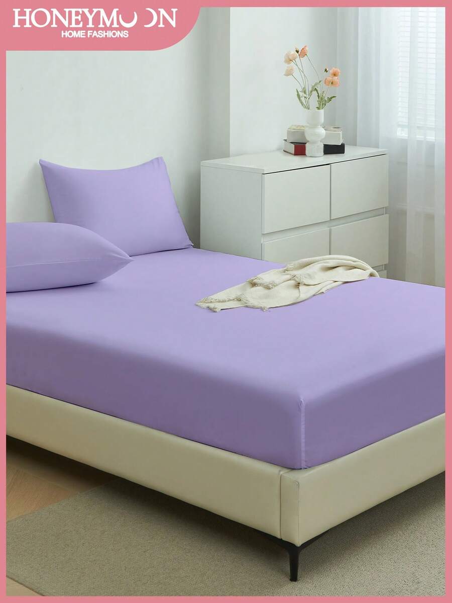 HONEYMOON 1pc Soft & Comfortable Solid Color Fitted Sheet, Bed Cover Protector, Lightweight, Breathable, 14 Inch/35 Cm Deep Pocket - Hypoallergenic, Machine Washable, Fits All Bed Sizes, Suitable For Dorms And Guest Rooms (Pillowcase Not Included), Back To School Dorm Essentials, Bedding, Purple - Purple - View 1