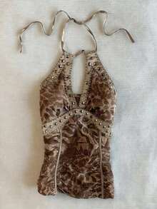 Summer Vintage Leopard Print Halter Neck Blouse, Women's Top With Rhinestone And Metal Rivet Decor - Nhiều màu - Xem 1