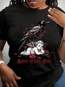 Camiseta de Mujer con Diseño Gráfico de Cuervo y Querubín de Anti Caw Pod Club, con Estampado de Rosas de Inspiración Vintage, Ajuste Cómodo, Ropa Casual, Camisetas para el Día de San Valentín, Regalos para el Día de San Valentín, Adecuada para Salir. - Negro - Ver 1