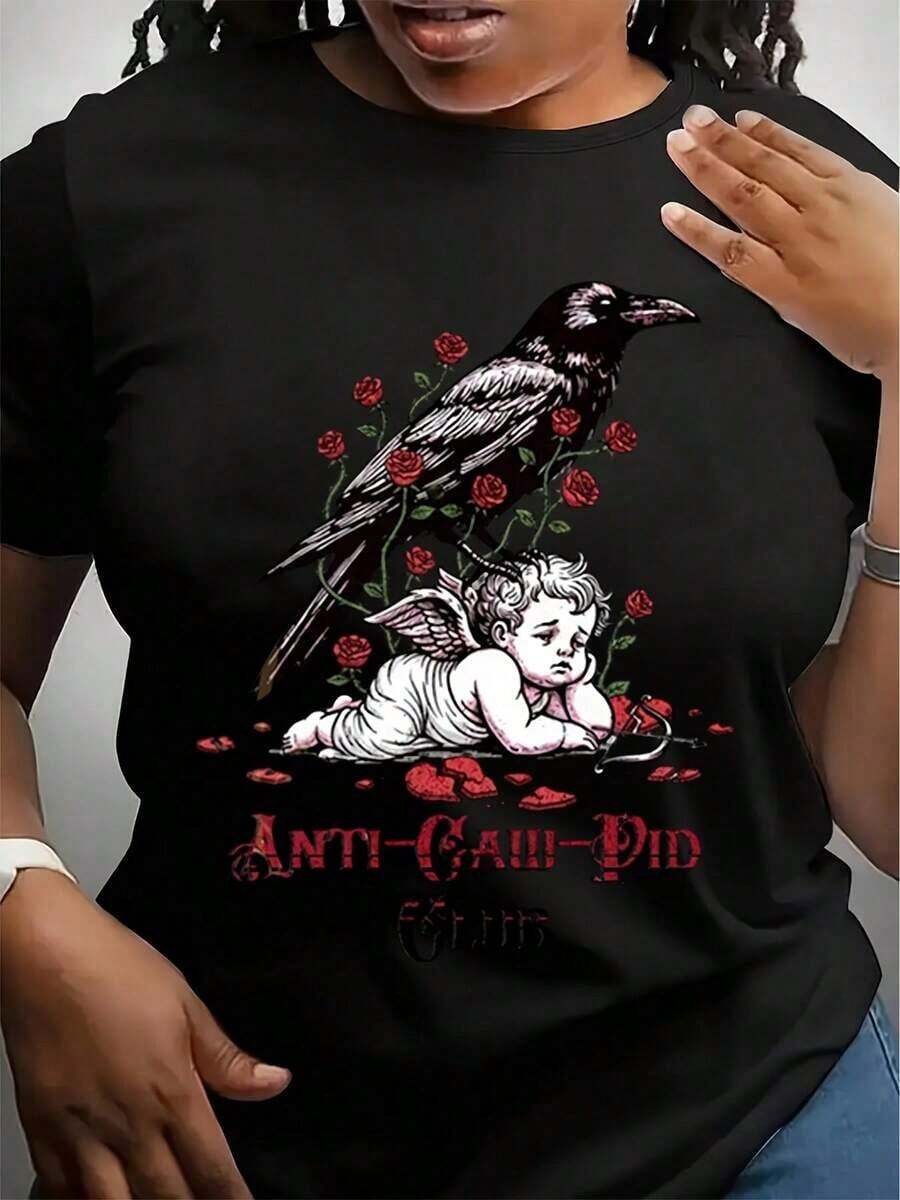 Camiseta de Mujer con Diseño Gráfico de Cuervo y Querubín de Anti Caw Pod Club, con Estampado de Rosas de Inspiración Vintage, Ajuste Cómodo, Ropa Casual, Camisetas para el Día de San Valentín, Regalos para el Día de San Valentín, Adecuada para Salir. - Negro - Ver 1