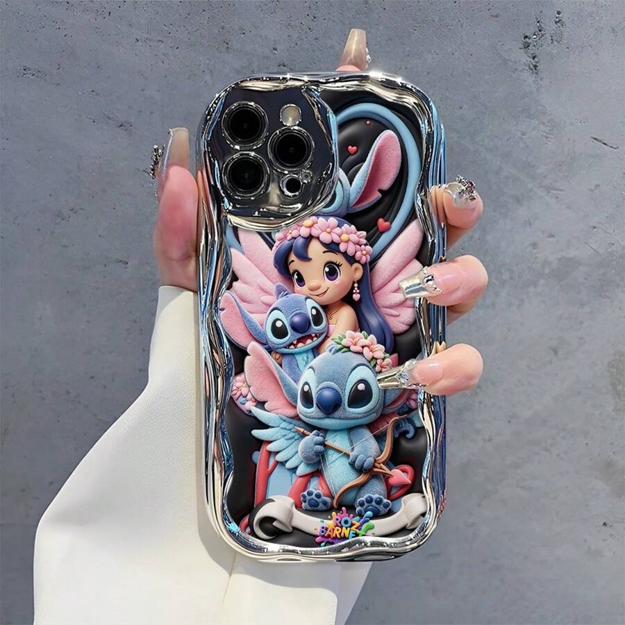 Disney Lilo & Stitch Phone Case, Cartoon Art Protective Cover. Compatible With IPhone 17, 16, 15, 14, 13, 12, 11 Pro Series, Featuring Plush Lilo And Multiple Stitch Characters Including An Angel And Cupid With Wings And Flowers Against A Black Background, Perfect For Animation Fans, Ideal For Birthdays, Holidays, Anniversaries, Graduation Gifts, Or Any Special Occasion To Surprise Family, Friends, Classmates, And Loved Ones. - 銀色 - 查看 1