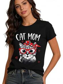 C1At Grfico de Mama T1EE, Bandana Roja C1At, Funda de AL1Godn de WoM1en T1S1Hirt. - Negro - Ver 2