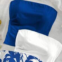3pcs Plus Size Women Sexy Blue & White Floral Print Slim Strapless Tops Set, Casual Daily Versatile For Date, Afternoon Tea, Beach, Cruise, City Vacation, Suitable For All Seasons, Wedding, Beach, Spring/Summer Vacation, Cruise, Island Vacation, Music Festival, Boho Vacation - Rosa - Ver 5