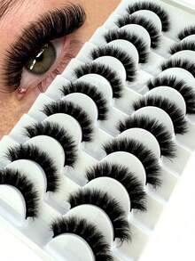 10 Pairs New 6D Ultra Soft Faux Lashes, Handmade, Reusable, Short Natural Style, Thick 3D Faux Mink Lashes - Black - View 10