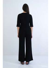 Women's Solid Color Side Tie 3/4 Sleeve Top And Pants Elegant 2-Piece Set - Black - View 6