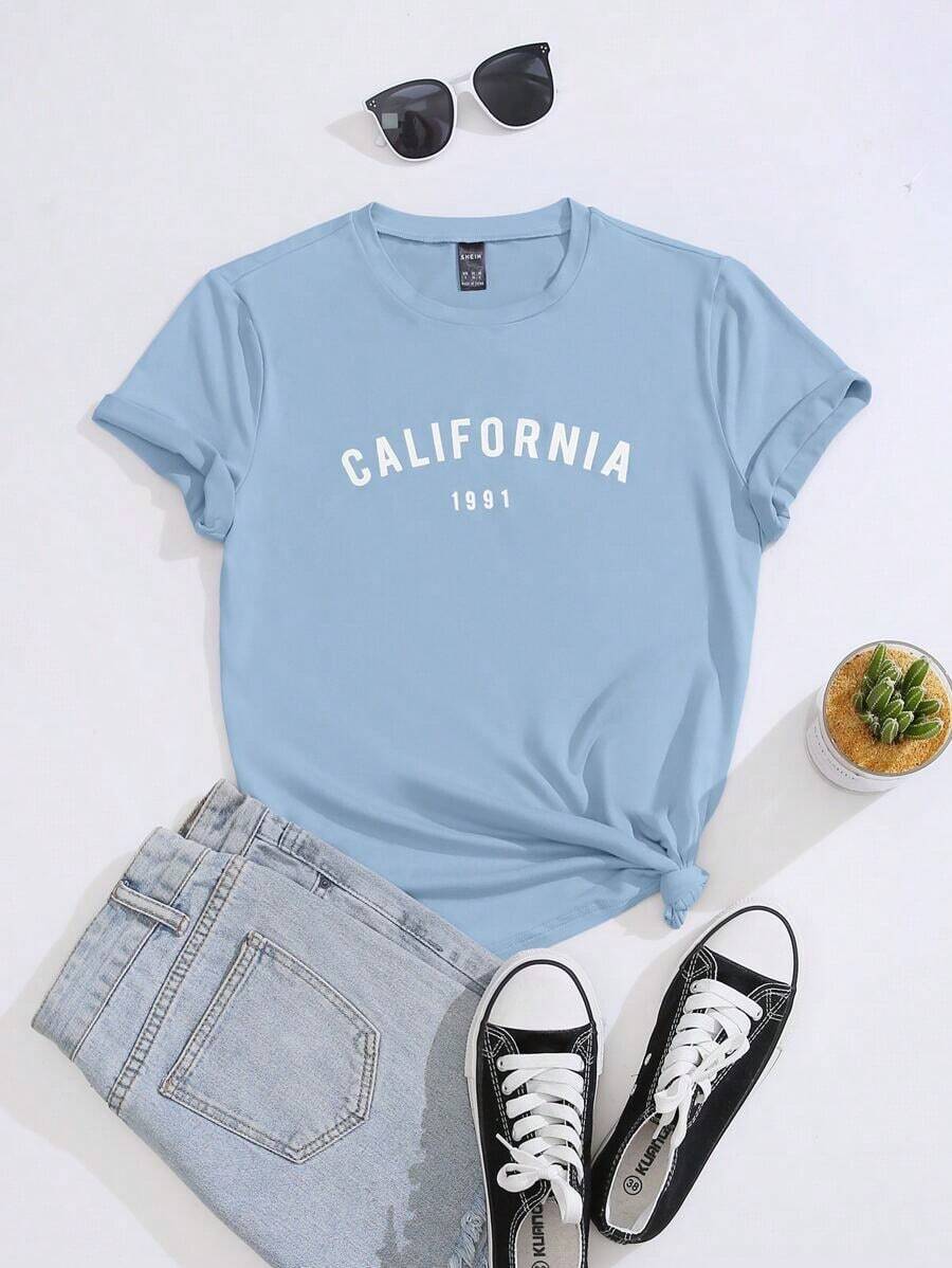 Envío gratis, entrega local enéxico, entrega en 4 días.Camiseta con estampado de letras. - Celeste - Ver 1