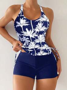 Bikini Estilo Chaleco Estampado Con Palmeras Para Mujer, Para Carnaval - Azul y blanco - Ver 5