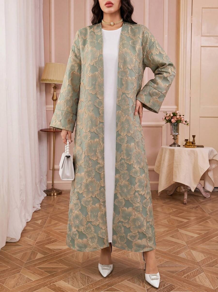 Solessence 女士优雅花卉提花长袖阿拉伯长袍，派对礼服，优雅开衫，新年除夕长袍，情人节礼服，春季新年礼服 - 彩色 - 查看 1