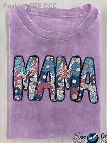 1 pieza de elegante camiseta de manga corta de algodón lavado vintage para mujer, con estampado floral MAMA, top creativo y exquisito estilo Y2K, moderno y a la moda, adecuado para la comodidad diaria y el uso casual, deportes, salidas urbanas y como un hermoso regalo para las vacaciones. 180g 100% algodón. - negro - Ver 7