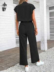 2 piezas Conjunto de top y pantalones de verano de mujer con diseño de bolsillo y abotonadura sencilla - Negro - Ver 2