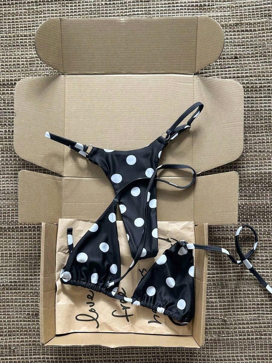 Conjunto de bikini de rayas coloridas y sexy para primavera/verano 2026, traje de baño de estilo minimalista de tres puntos para mujeres jóvenes - Blanco y Negro - Ver 1