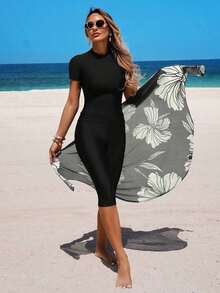 Conjunto de traje de baño burkini de 3 piezas con top de manga corta de unicolor, pantalones 7/8 y minifalda, adecuado para vacaciones de verano - Blanco y Negro - Ver 5