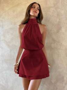 Vestido de mujer sexy y elegante con cuello halter, cintura de gasa y drapeado - Burdeos - Ver 5