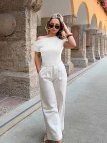 Camiseta Casual Para Mujer De Cuello Asimétrico Y Plisado De Color Sólido - Blanco - Ver 5