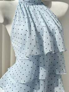 Blusa elegante sin mangas con cuello de tortuga, volantes y lunares para el verano - Azul - Ver 6