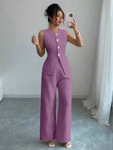 Traje casual/de trabajo elegante de mujer con decoración de botones florales - Púrpura malva - Ver 4