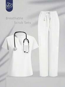 Conjunto de uniforme azul marino para mujer, hecho de tela de alta calidad y transpirable, adecuado para deportes, enfermería y trabajo, con bolsillos, perneras acampanadas, conjunto de uniforme de moda, adecuado para clínicas dentales, conjunto de unifor - Blanco - Ver 3