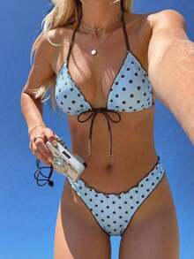 Conjunto de bikini de dos piezas con estampado de lunares, camiseta con lazo sexy y traje de baño para vacaciones en la playa para mujer - Azul - Ver 1