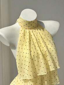 Blusa de cuello halter con volantes y estampado de lunares para mujer - Amarillo - Ver 4
