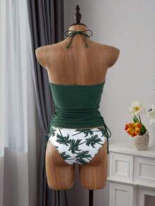 Conjunto de top de tankini con cuello halter y Bottom con estampado de palmeras, cordón y fruncido, para vacaciones y playa - Multicolor 3 - Ver 6
