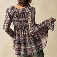 BohoFeels Easter Musical Festival BOHO Woven Printed Flare Long Sleeve Loose Women Shirt - Negro - Ver 8