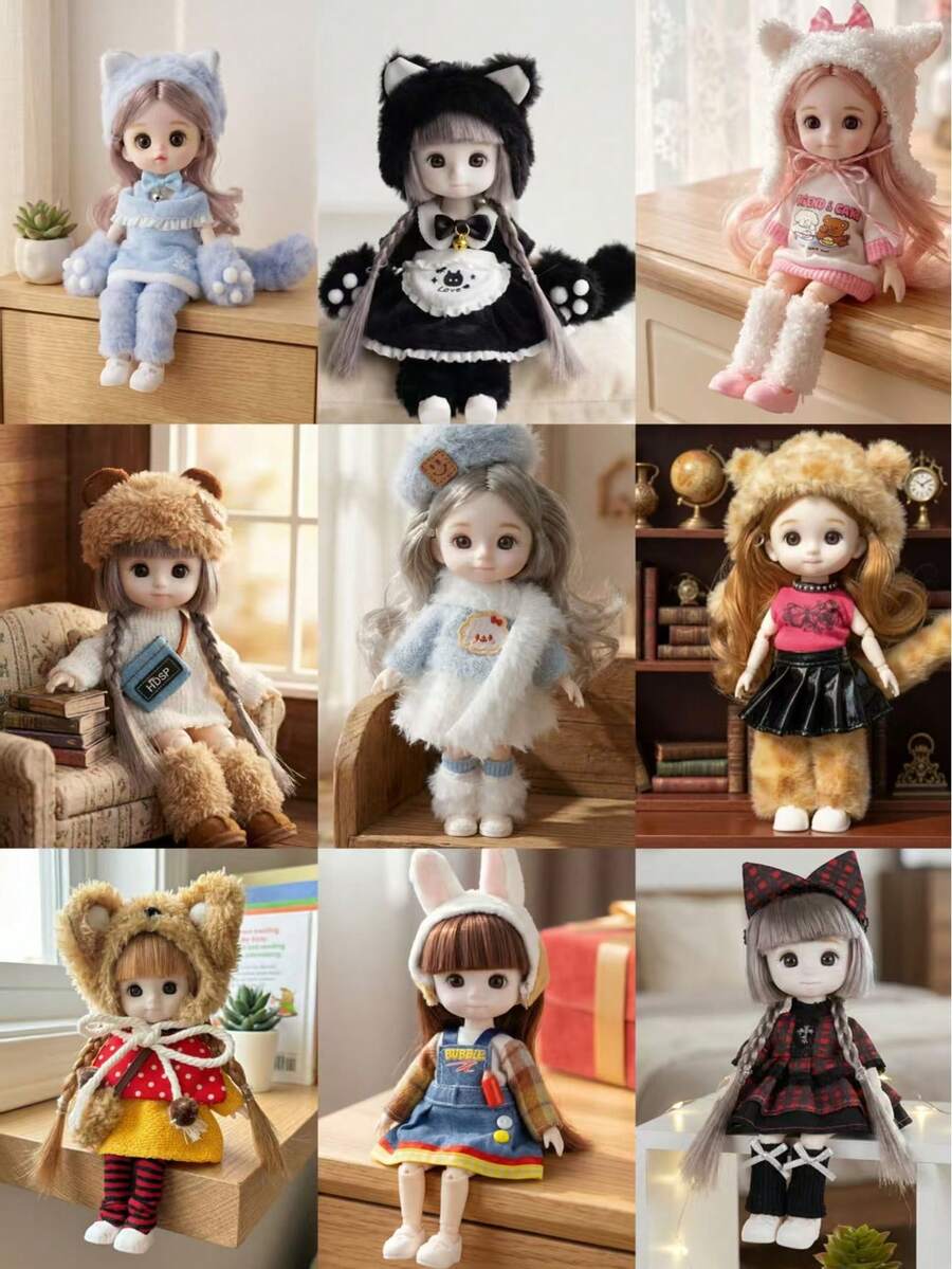1pc 16cm Cute Posable Fashion Doll, Detachable & Interchangeable Clothes, Shoes & Accessories, Movable Joints, Expressive Plush Doll, Soft Doll Outfit, Creative Birthday Holiday Gift For Girls, Room Decor, Stress Relief Collectible Art Doll, DIY Dress-Up Toy - Multicolor - View 1