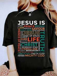 Women's Christian T-Shirt - Plus Sizes 0XL-4XL, T-Shirt With Faith Pattern And The Phrase "He Is King" And Bible Quotes, Breathable, 100% Inspirational, Short Sleeve, Suitable For Church, Casual Wear, Spring And Autumn - Machine Washable, Black With Colored Details - 黑色 - 查看 6