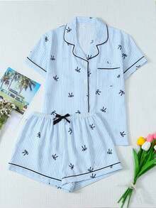 2 piezas Conjunto de pijama con top de manga corta con bolsillo y lazo, y shorts cómodos a rayas azules con cuello en forma de corazón, adecuado para uso en casa, primavera/verano - Azul - Ver 9