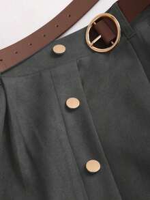 Sweetro Falda de ante marrón café con diseño de solapa única para mujer, otoño/invierno - Gris Oscuro - Ver 5