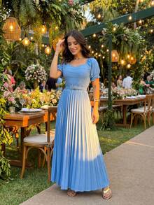 Women's Long Pleated Dress With Padded Cups, Elasticated Waist, Belt, Excellent Fit, Elegant, Soft Fabric - Màu xanh nhạt - Xem 1