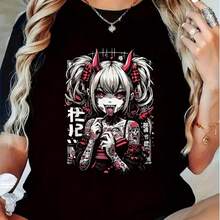 Camiseta Gráfica Gótica Grunge Demonio Anime Horror Estética Alternativa - 180GSM 100% Estilo Y2K de Manga Corta con Detalles Rojos y Texto Japonés - Ropa de Festival Atrevida para Mujeres, Hombres, Papá, Esposo - Tallas S-XXXL, Negra, Camiseta Anime, Moda Atrevida - Negro - Ver 6