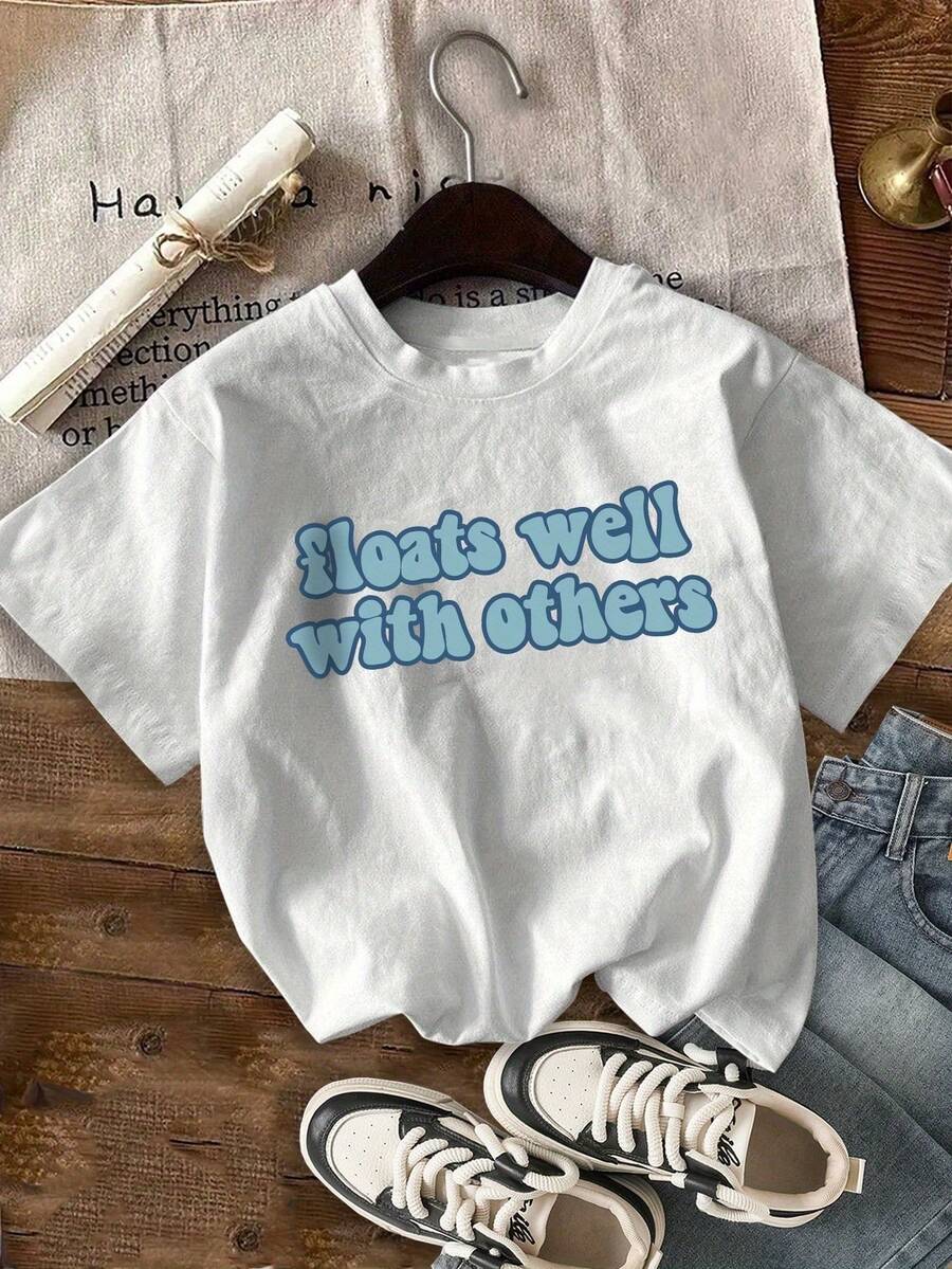 Women's Funny T-Shirt With "Floats Well With Others" Letter Print - Crew Neck, Short Sleeve, Casual Summer Style With Pink Letters, Lightweight For Beach Outings And Pool Fun, Y2k Beachwear T-Shirt Shirt - 白色 - 查看 1