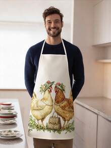 1 pieza, Delantal de poliéster con patrón lindo de gallo y gallina, adecuado para cocinar, hornear y jardinería - se puede usar como atuendo para la cocina y el comedor. - Multicolor - Ver 8