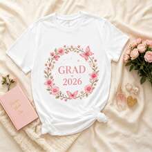 "Mujer Camiseta Casual de Algodón para Graduación 2026, Estampado Floral con Mariposas, Manga Corta, Look Fresco y Divertido" - Blanco - Ver 2