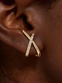 1 Pair Minimalist Criss-Cross Zirconia Earrings, Geometric Line Earrings, Suitable For Daily Wear And Commuting - Gold - View 2
