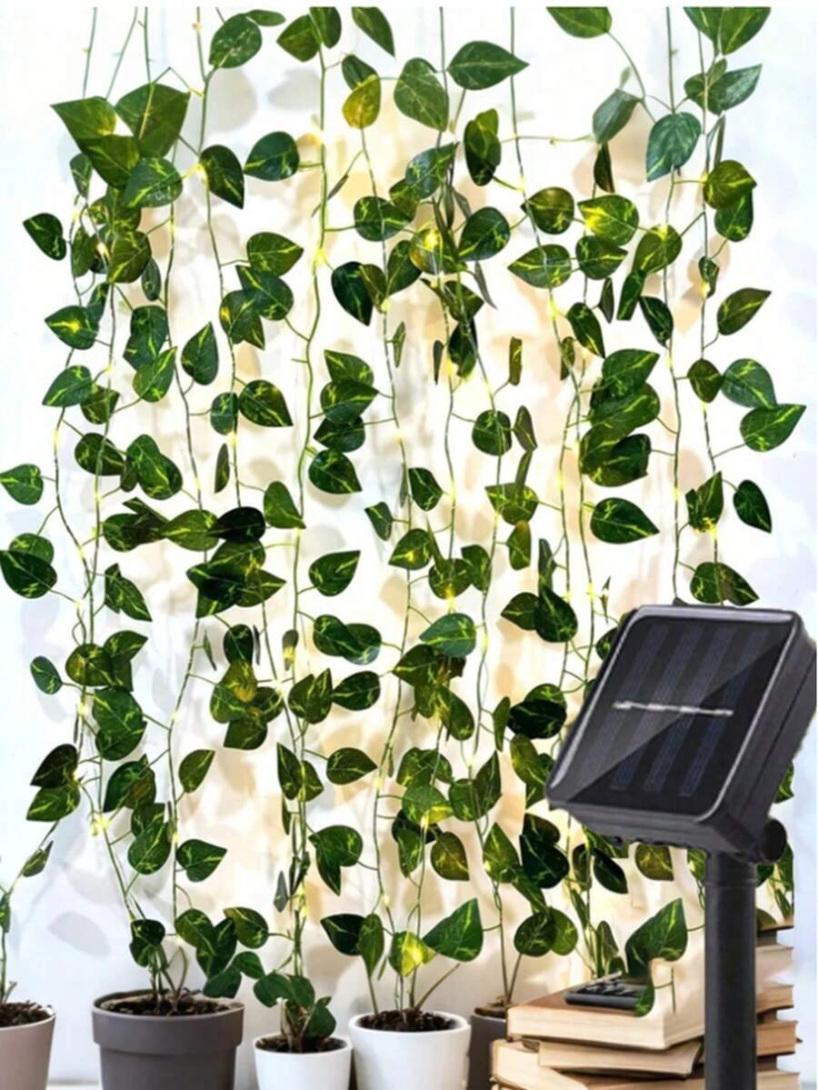 1pc Solar Powered Ivy Decorative Light String, 20/50/100 LED Fairy Lights, 393.7in/196.85in/39.37in Outdoor Artificial Ivy Lights, Suitable For Wedding, Party, Wall Decor, Hotel, Birthday, Solar Powered - Yellow - View 1