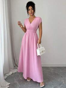 Vestido de mujer de longitud media, sin mangas, con cuello en V, de tela texturizada, cintura ceñida, elegante ropa de resort, primavera/verano - Rosa - Ver 5