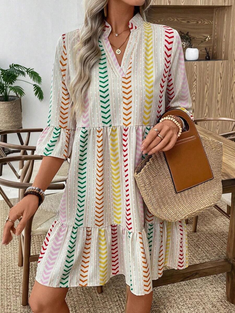 LUNE Vestido de verano de mujer con base blanca y estampado de hojas azules, cuello alto y manga 3/4 tipo patinadora - Multicolor - Ver 1