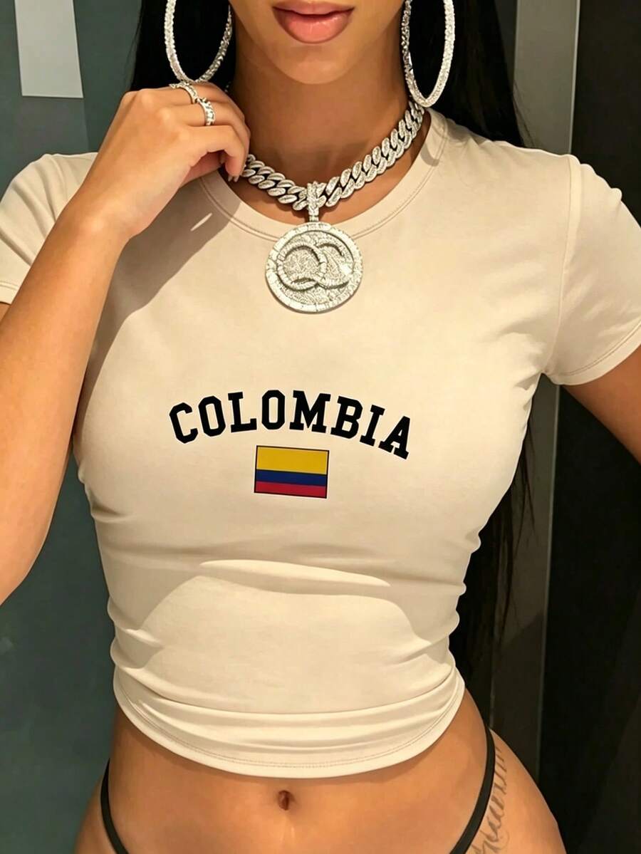 FNI Fusion Colombia Print Round Neck Top Womens ClothingWomen's Plus Size Cropped Short Sleeve Tops,Spring Outfits, Spring Break Casual Daily Wear. - 杏色 - 查看 1