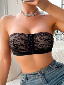 Women's Strapless Bra, Sexy Lace Contrast Mesh Front Closure Bra - Black - View 5