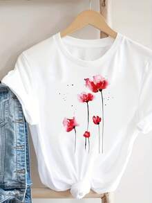 Camiseta Casual de Verano para Mujer, Cuello Redondo y Manga Corta, Ideal para Clima Caluroso - Ropa Transpirable, Estilo Versátil, Lavado a Mano, Perfecta para Oficina o Fines de Semana - Blanco - Ver 1