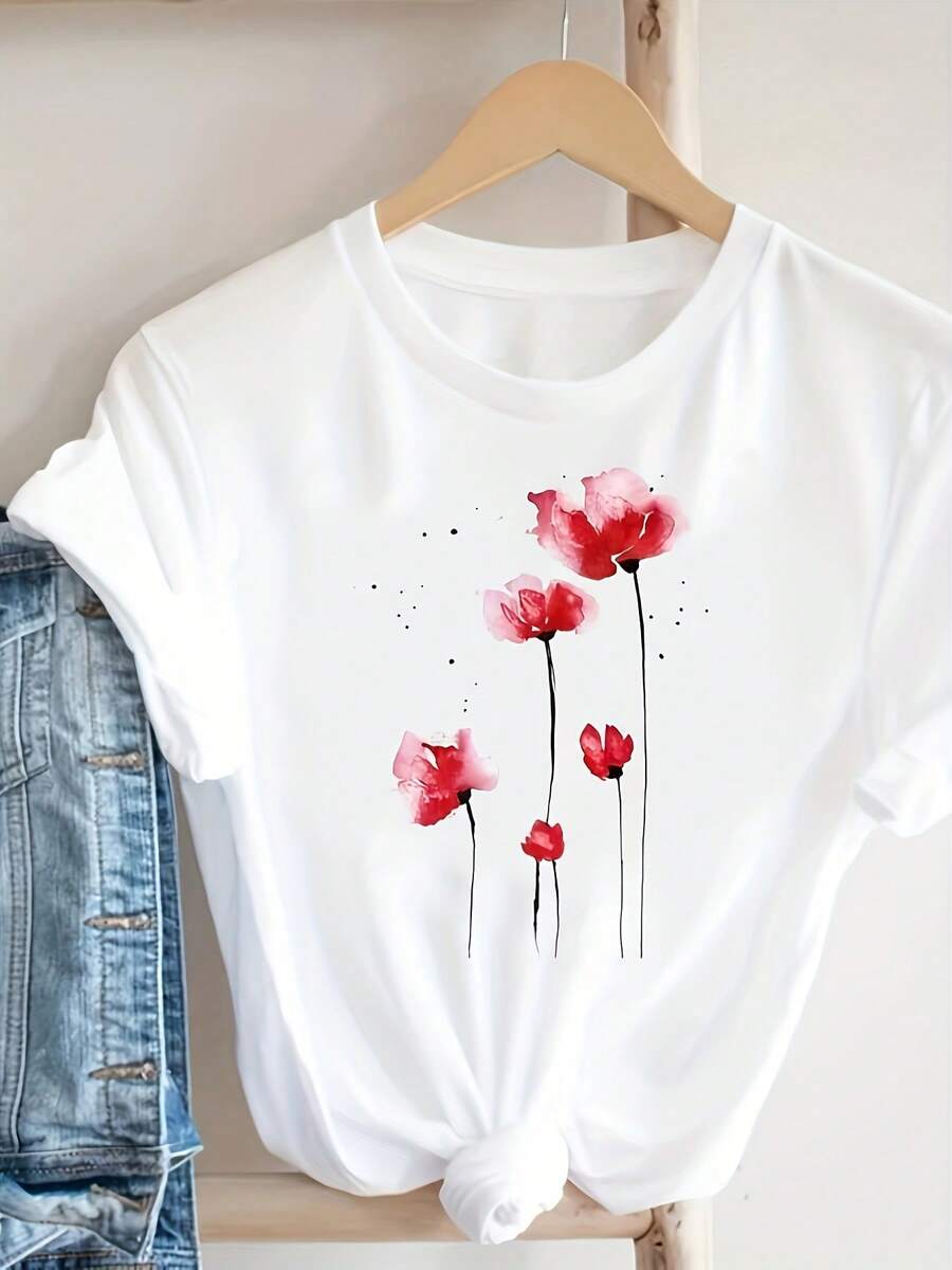 Camiseta Casual de Verano para Mujer, Cuello Redondo y Manga Corta, Ideal para Clima Caluroso - Ropa Transpirable, Estilo Versátil, Lavado a Mano, Perfecta para Oficina o Fines de Semana - Blanco - Ver 1