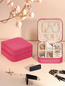 1pc Travel Jewelry Organizer Box Portable PU Leather Jewelry Storage Case. Anti-Oxidation Jewelry Box Vanity Storage Container,Multi-Compartment Jewelry Display Box,Storage Gift Box, Display Box, Simple Flip Cover, Large Capacity,Portable Exquisite Jewelry Box For Travel,Household Jewelry Dustproof Box - Rose Red - View 9