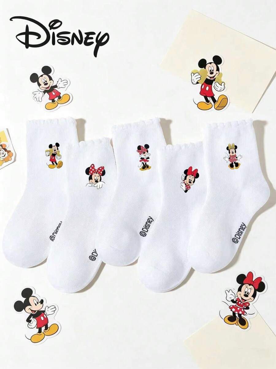 Disney 5双装迪士尼儿童袜子,春夏中筒袜,卡通红色蝴蝶结老鼠/复古波点图案,简约时尚,柔软透气吸湿,百搭蕾丝边,适合返校、校园穿着、运动、度假、旅行、日常穿着 - 彩色 - 查看 1