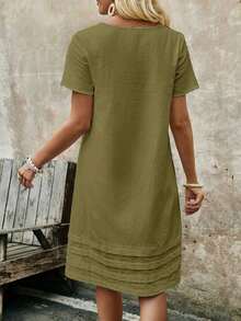 Vestido casual recto de unicolor, cuello redondo, manga corta para mujer, de verano - Verde - Ver 2