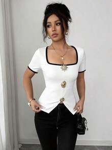 Blusa elegante y urbana de cuello cuadrado con decoración metálica de manga corta ajustada para mujer, adecuada para uso diario, bodas, galas, viajes, fiestas de graduación, vacaciones, citas, fiestas, Halloween, Navidad, Año Nuevo, Acción de Gracias, bodas - Blanco y Negro - Ver 5